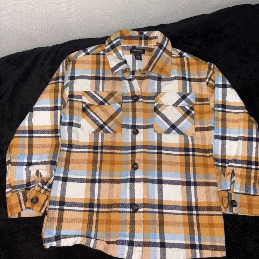 Anna Cai‎ Plaid Button Down Flannel Top Yellow Blue White And Black Size Large